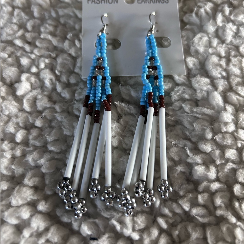 Blue and White Dangle Earrings with Tassel Design